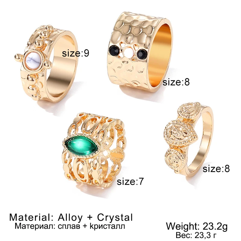 Fashion Creative Colorful Wide Rings Exaggerated 4 Pieces Women's Finger Ring Set Wholesale Hand Jewelry Gilrs Gift