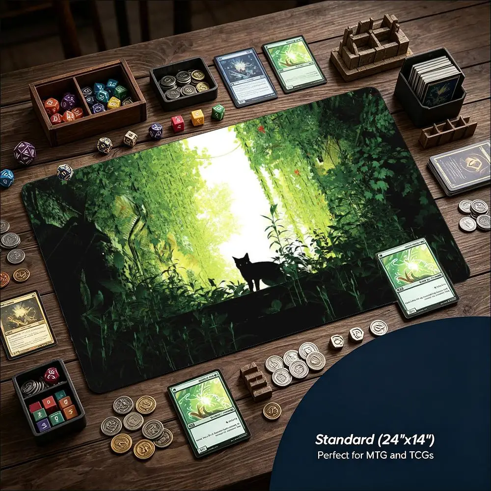 Lush Green Forest Black Cat Art Non‑Slip Rubber Game Playmat Smooth Table Mat For Tabletop Card Game Desktop Gaming Work Setup