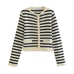 Women'S Contrast Color Striped Cardigan Short Coat Round Neck Knitted Sweater Jacket Work Office-Lady Temperament Sweater Coats