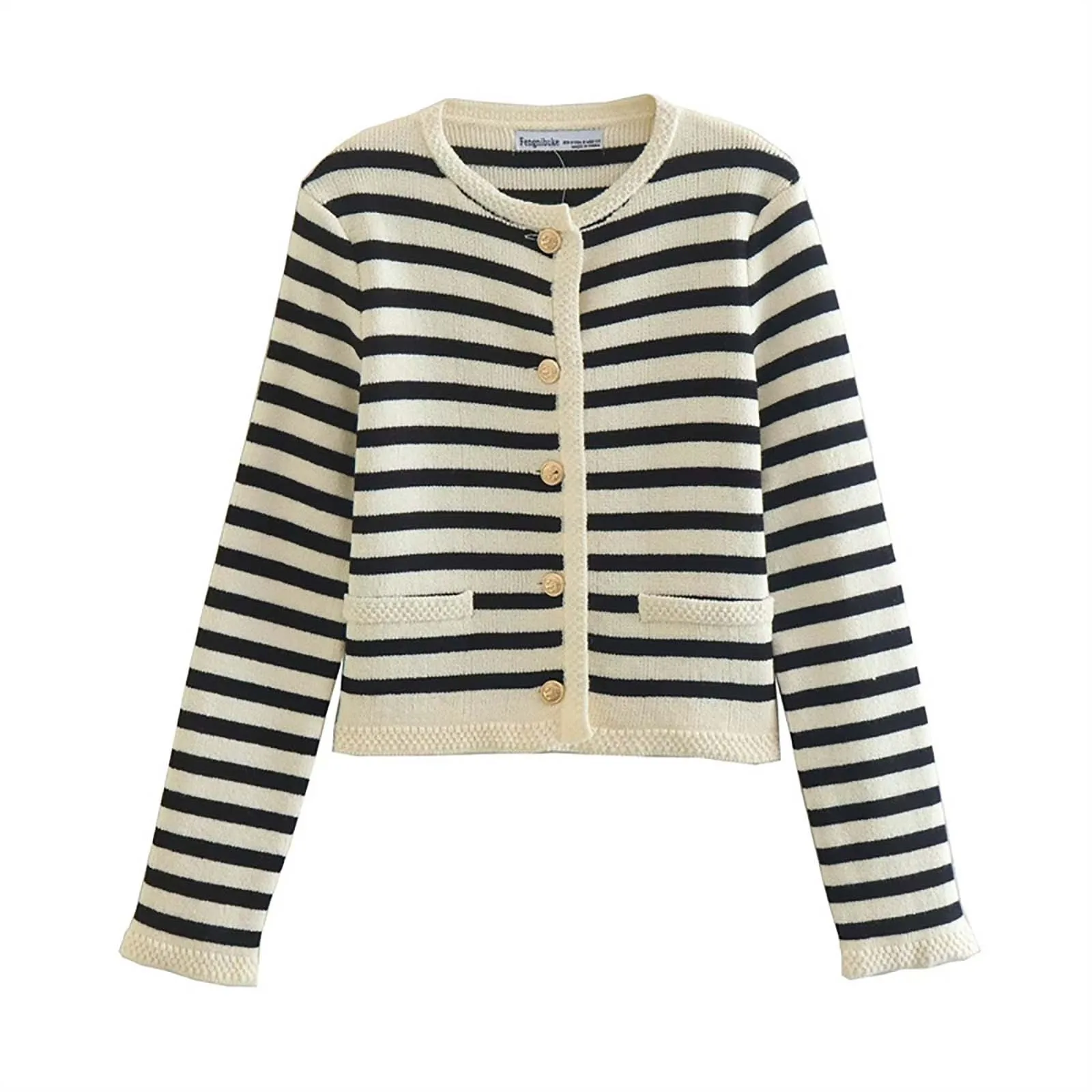 Women'S Contrast Color Striped Cardigan Short Coat Round Neck Knitted Sweater Jacket Work Office-Lady Temperament Sweater Coats