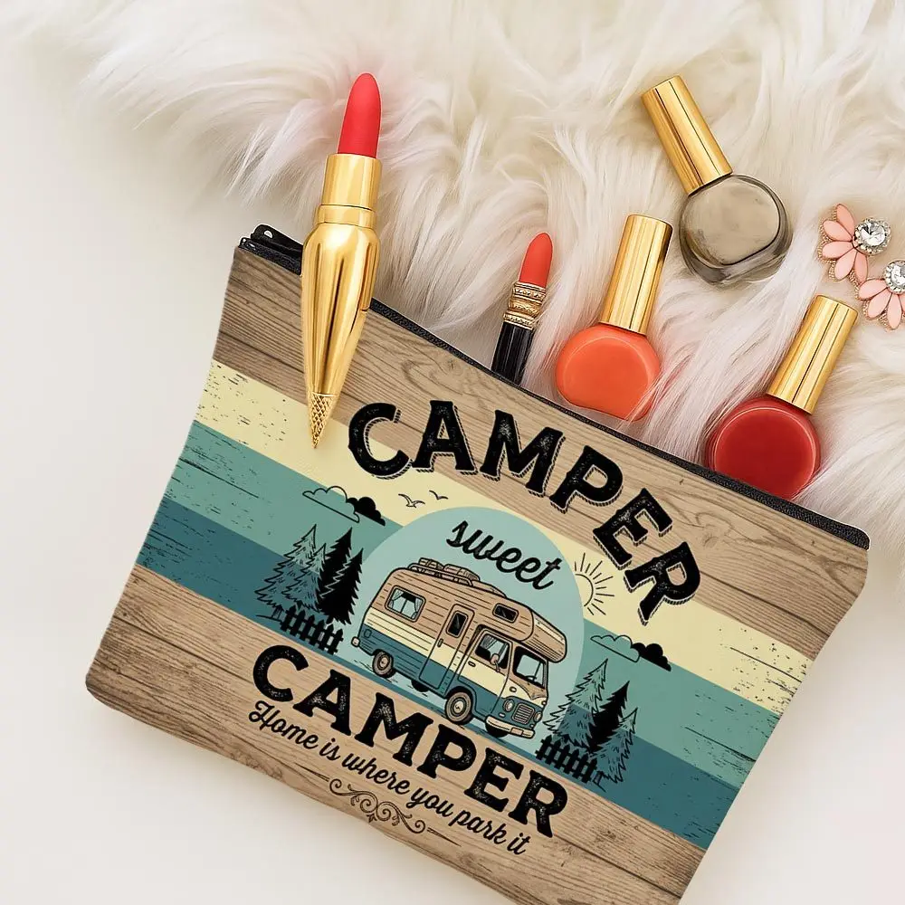 Large Capacity Retro Camper Van Makeup Toiletry Vintage Wood Texture Travel Pouch Suitable for Women S Rv Trips Storage Bags