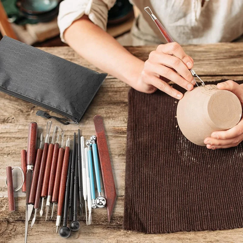 engraving set Clay Sculpting Tools, Basic Clay Pottery Carving Tool Kit with Wooden Handles and Tool Bag for Carving, Molding