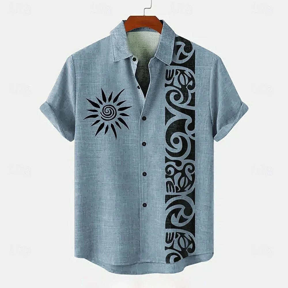 Chemise pour homme en lin, style ethnique, imprimé 3D, chemise décontractée à manches courtes avec c