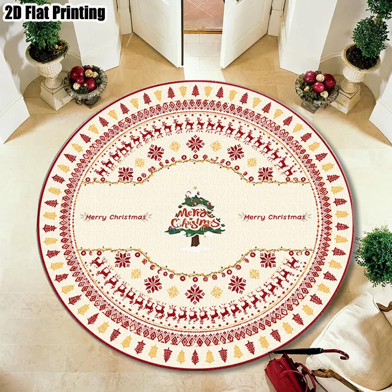 Nordic Geometric Circle Carpet Merry Christmas Tree Round Area Rug Non Slip Washable Retro Entryway Bedroom Decoration