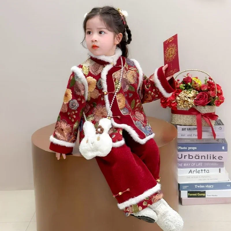 2025 Winter 2-10Years Child Tangsuit Traditional New Year Customes Kids Thicken Warm Coat+Wide Leg Pants With Bags 3 Pcs Outfits