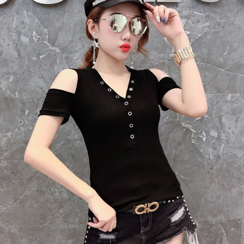 

#5214 Summer Short Women T Shirt V-Neck Buttons Casual Cotton Slim Top Femme Short Sleeve Off Shoulder T-Shirts For Women Sexy