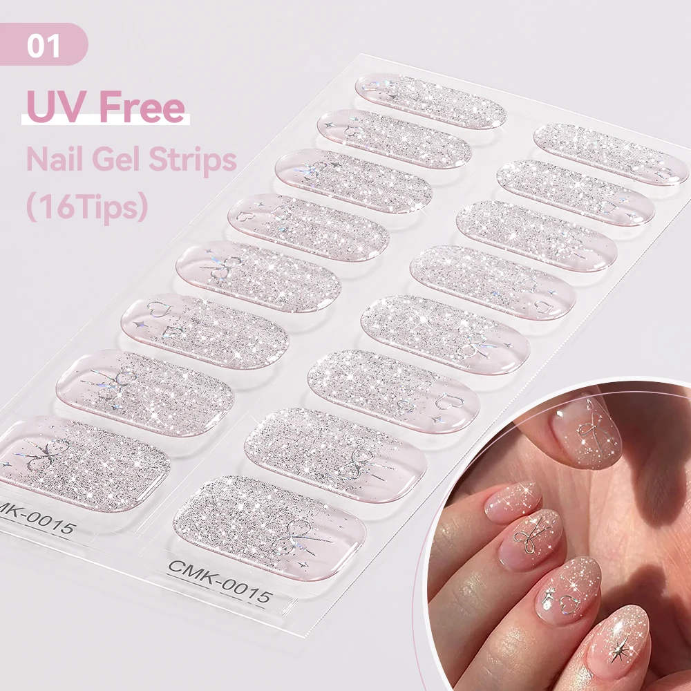 16Tips Laser Pearl Full Cover Nail Gel Paste Glitter UV Baking Free Nail Gel Polish Strips 3D Stickers For Nails Manicure DIY