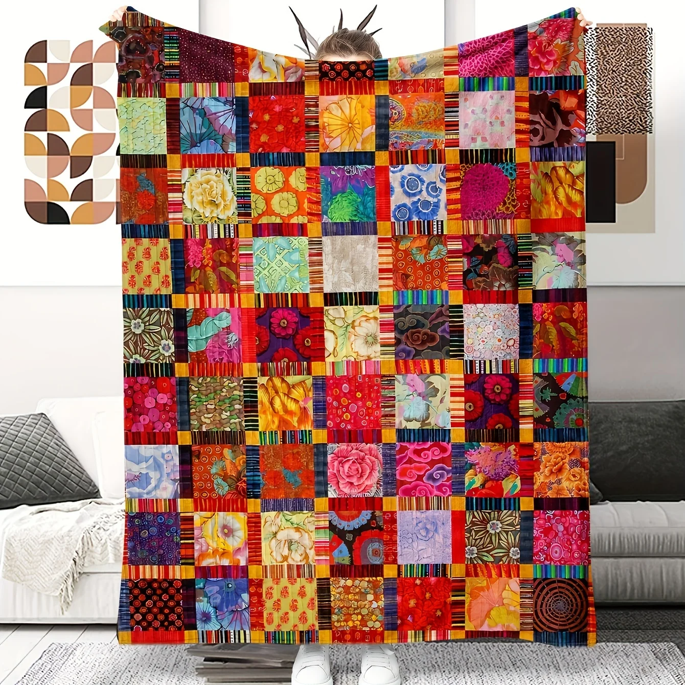 

Vintage Patchwork Quilted Throw Blanket Flannel Fleece Soft Cozy All-Season Multipurpose Office Outdoor Travel Blanket