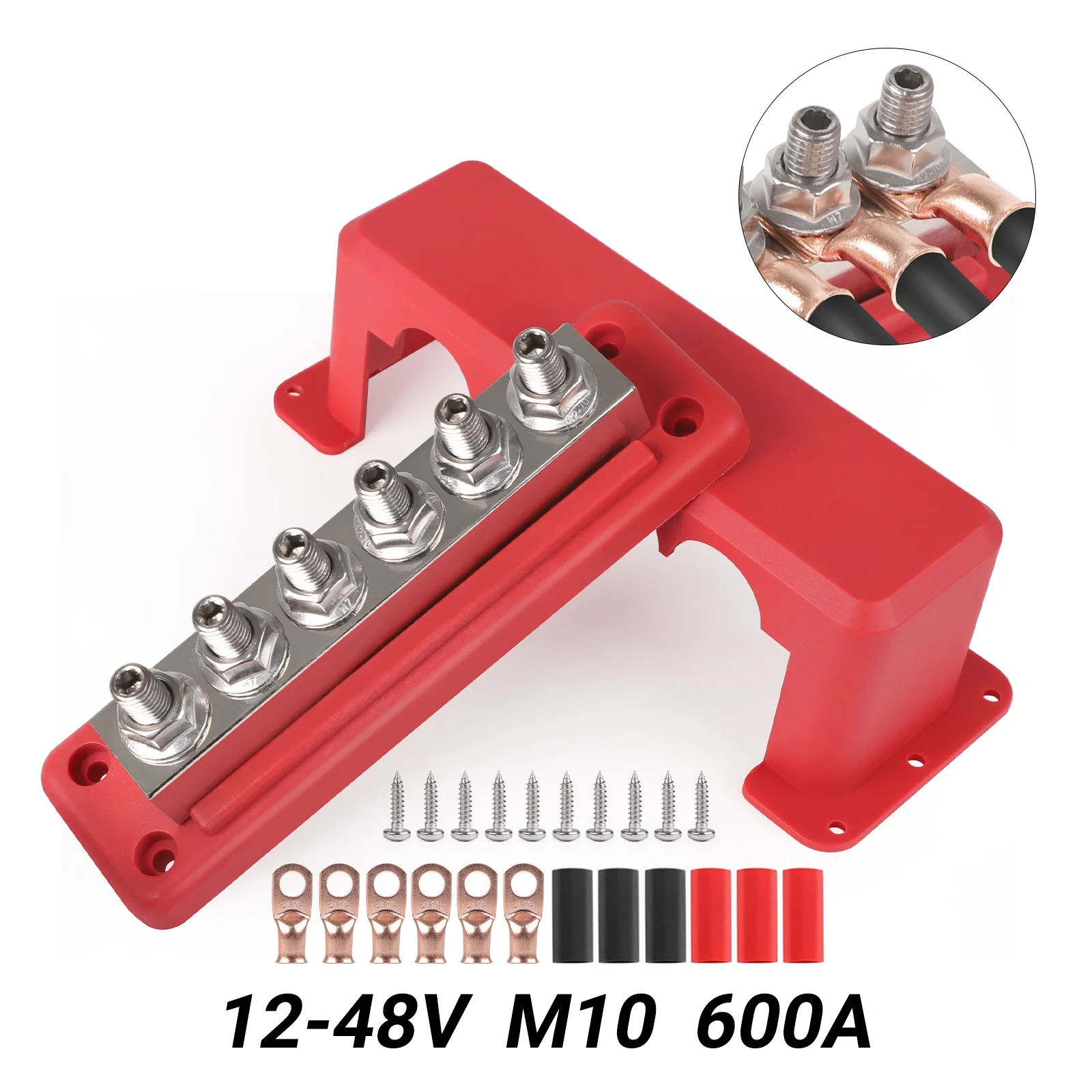 

600A 3/8" M10 6 Way Power Distribution Block BusBar With Cover Electrical Block With Copper Ring Terminal For Marine Boat RV Car