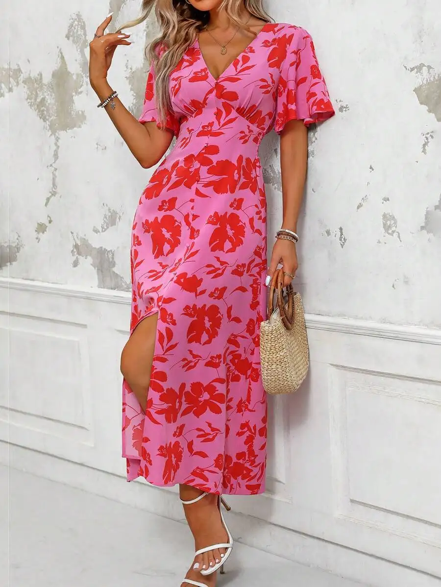 Wandoria Women's Tropical Plant Print V-Neck Ruffle Short Sleeve Long Elegant Dress With Side Slit Hem, Perfect For Vacation
