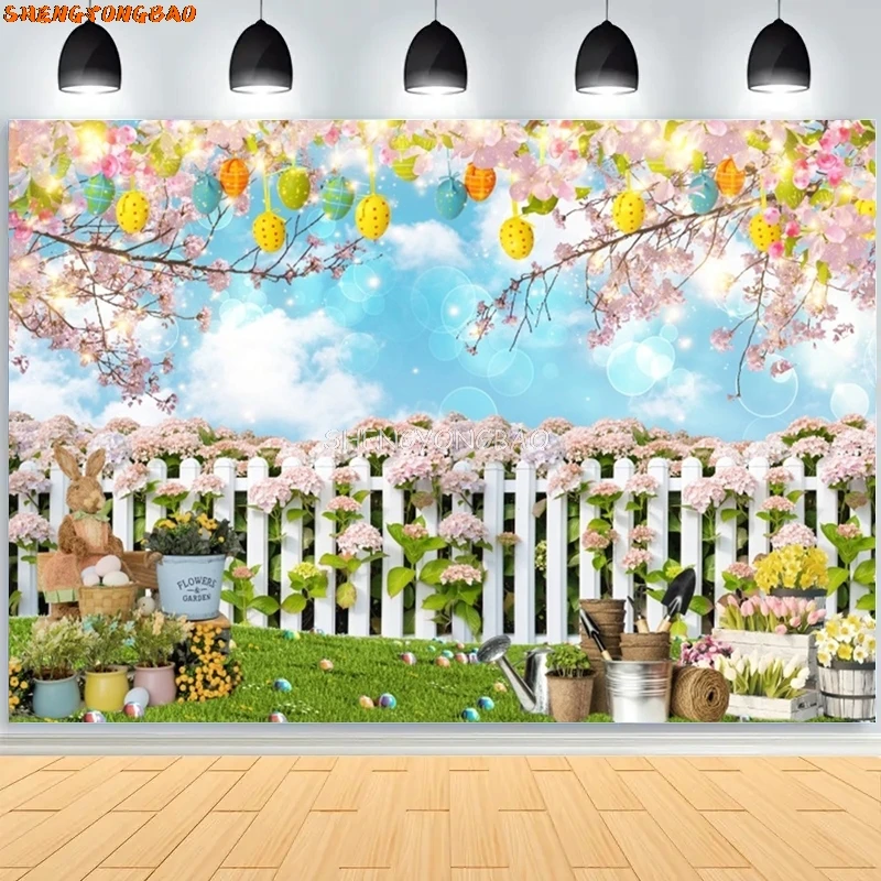 Green Spring Easter Day Garden Photography Backdrop Rabbits Colorful Eggs Bunny Flower Wood Door Background Baby Portrait Banner