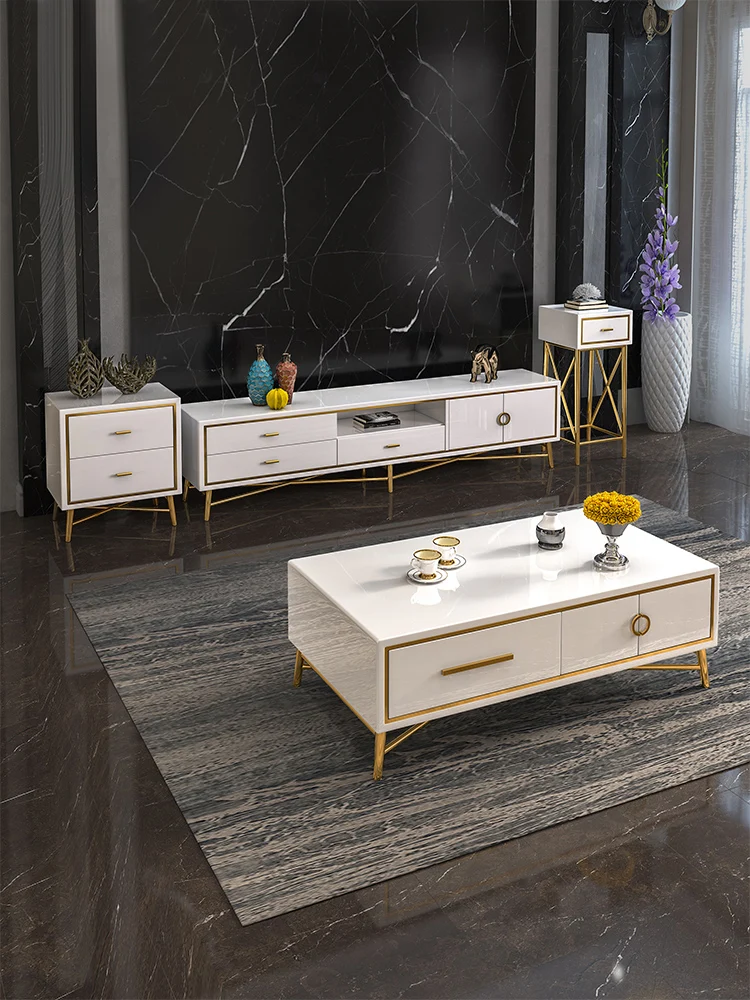 Postmodern luxury TV cabinet, painted white tea table, Hong Kong style living room, model room, combination furniture