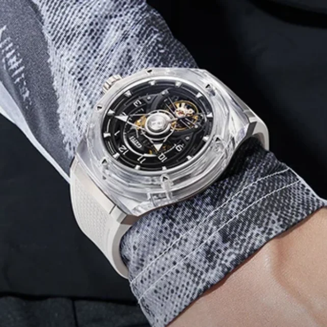 

BONEST GATTI Мужские автоматические часы 45 мм Механические наручные часы Акриловый корпус Сапфировый светящийся скелетонизированный циферблат Фторкаучуковый ремешок