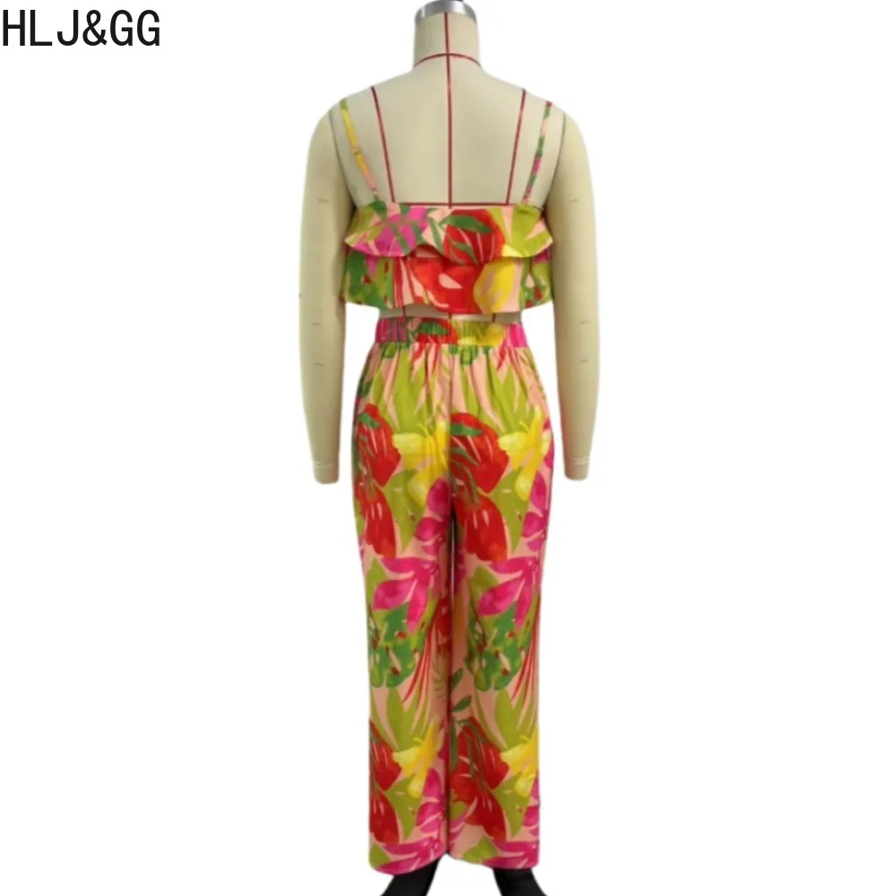 HLJ&GG Fashion Flowers Print Wide Leg Pants 2 Piece Sets Outfits Women Thin Strap Ruffle Crop Tank Tops And Straight Pants Suits