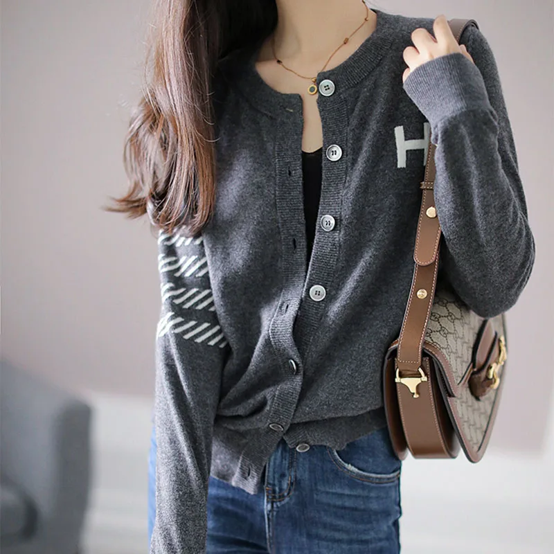 Women Clothing Solid Letter Embroidery Short Knitwear Spring Daily Casual Simple Solid Loose Sweater Cardigan Comfortable Top