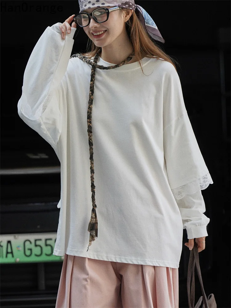 

HanOrange 2025 Early Autumn Casual Simple Lace Splicing Sweatshirt Women 100% Cotton Fake Two Piece Long Sleeve Top White/Gray