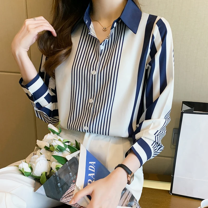 Women\'s Shirt Blue Striped Blouses for Women Long Sleeve Top Women Button Up Polo Neck Clothes Female 2023 Fashion Leisure Shirt