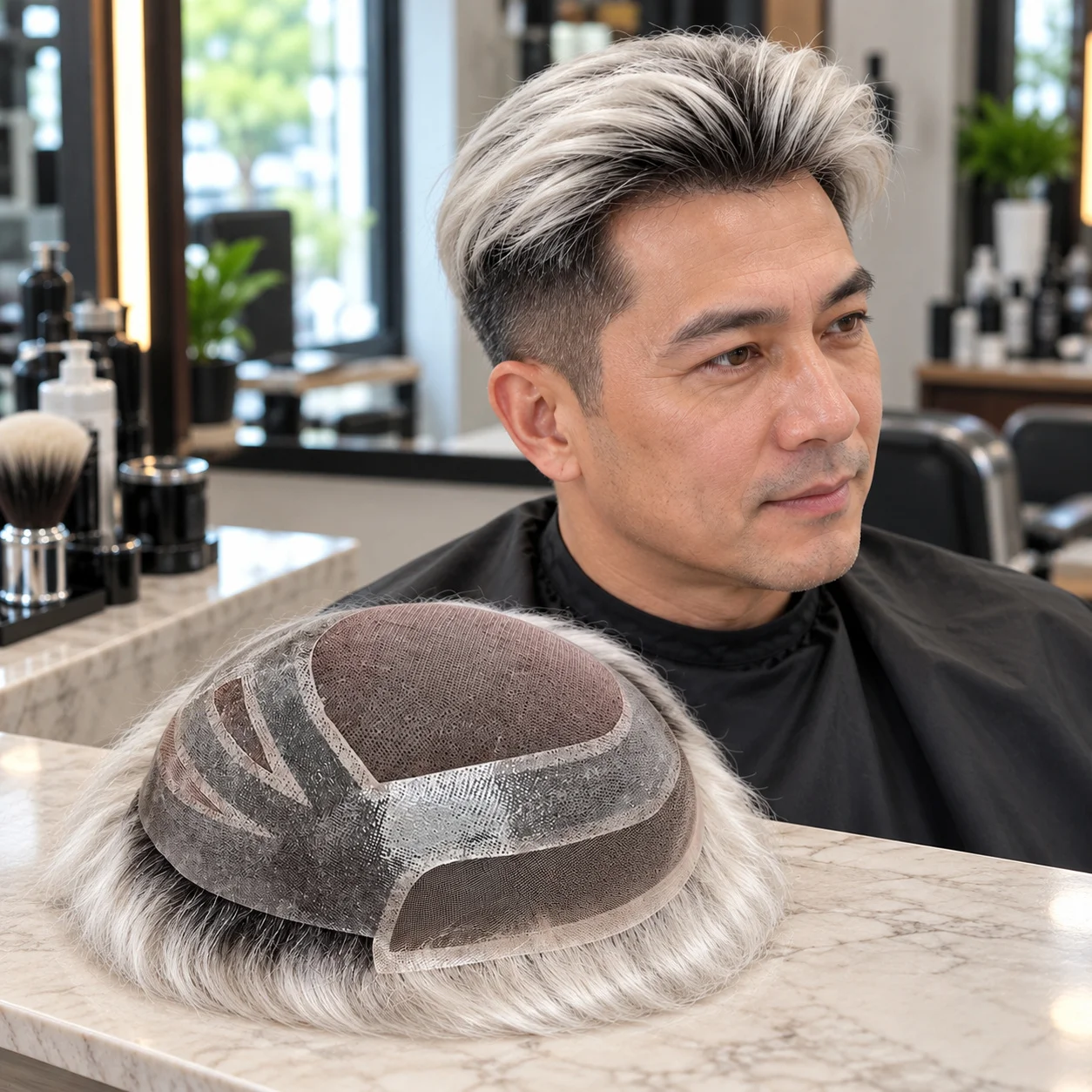 Men's Hairpiece in Silver White with Black Roots and 100% Human Hair Straight Style on 8x10 Inch Lace Mono and PU Base Toupee