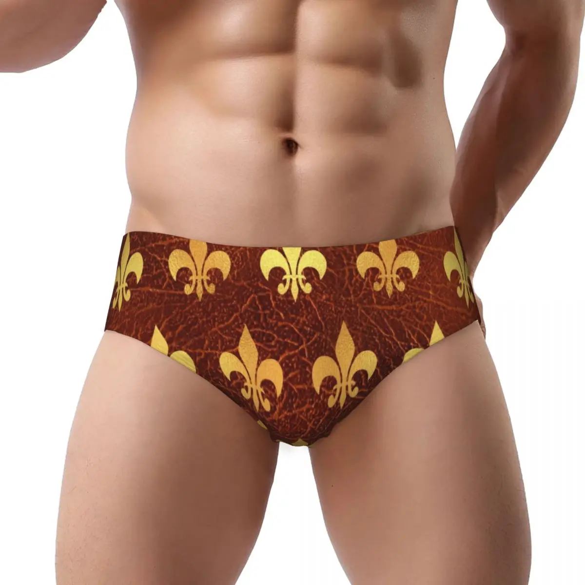 Benutzerdefinierte Royal Gold Braun Leder Fleur De Lis Slips Unterwäsche Herren Atmungsaktive Stretch Lilie Blumenhöschen