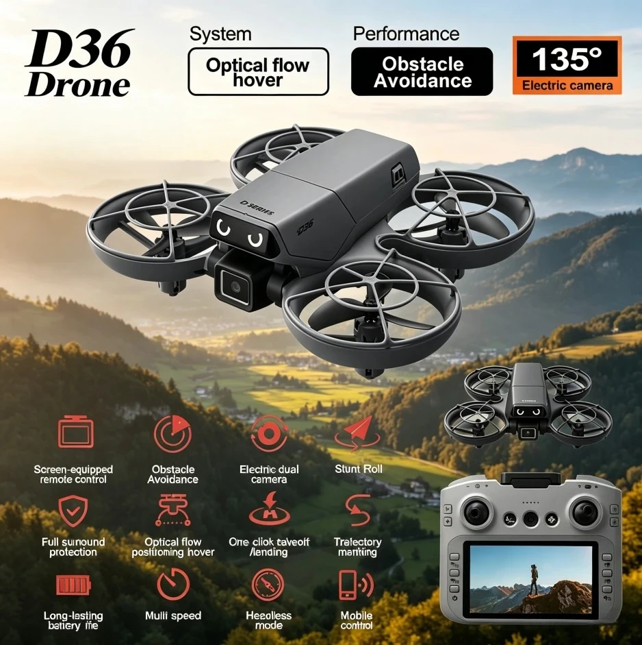 Original D36 Drone 4K HD 8k Triple Camera FPV Brushless Motor Obstacle Avoidance Foldable RC Quadcopter Professional Aerial