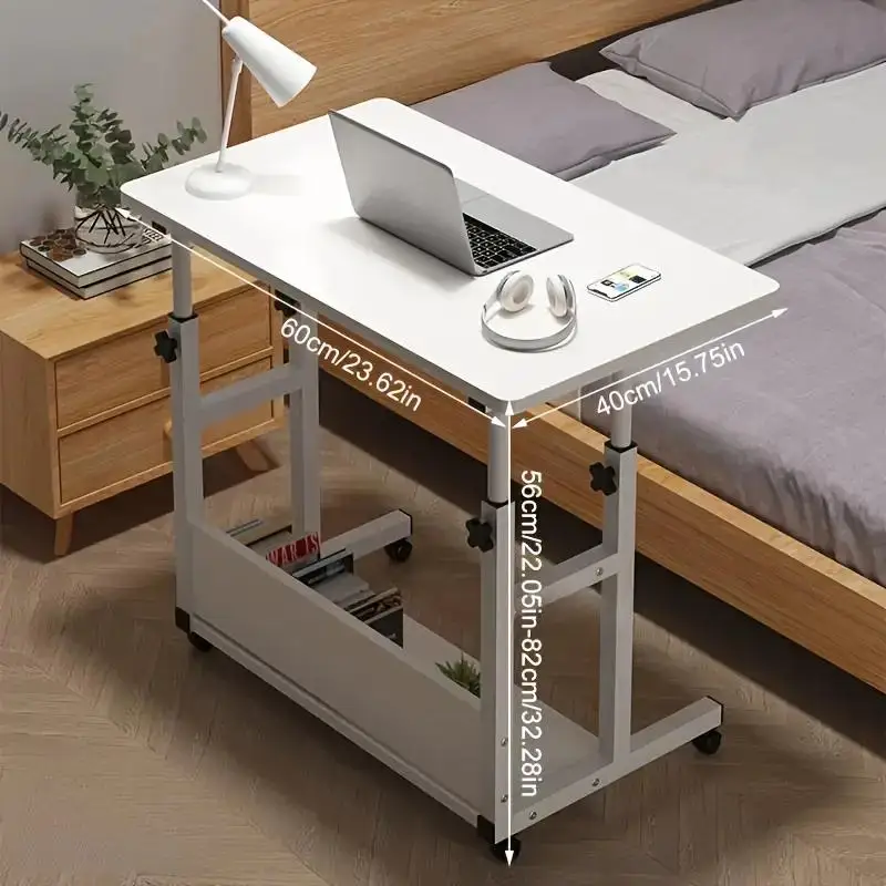 Height Adjustable Mobile Computer Desk with Wheels 3-Tier Folding Laptop Table Portable Rolling Workstation with Storage Shelf Metal Frame Movable Study Desk for Bedroom Home Office