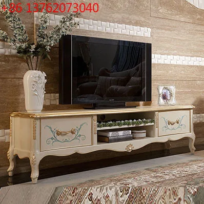

French TV cabinet, living room solid wood audition cabinet, beige gold-painted floor cabinet