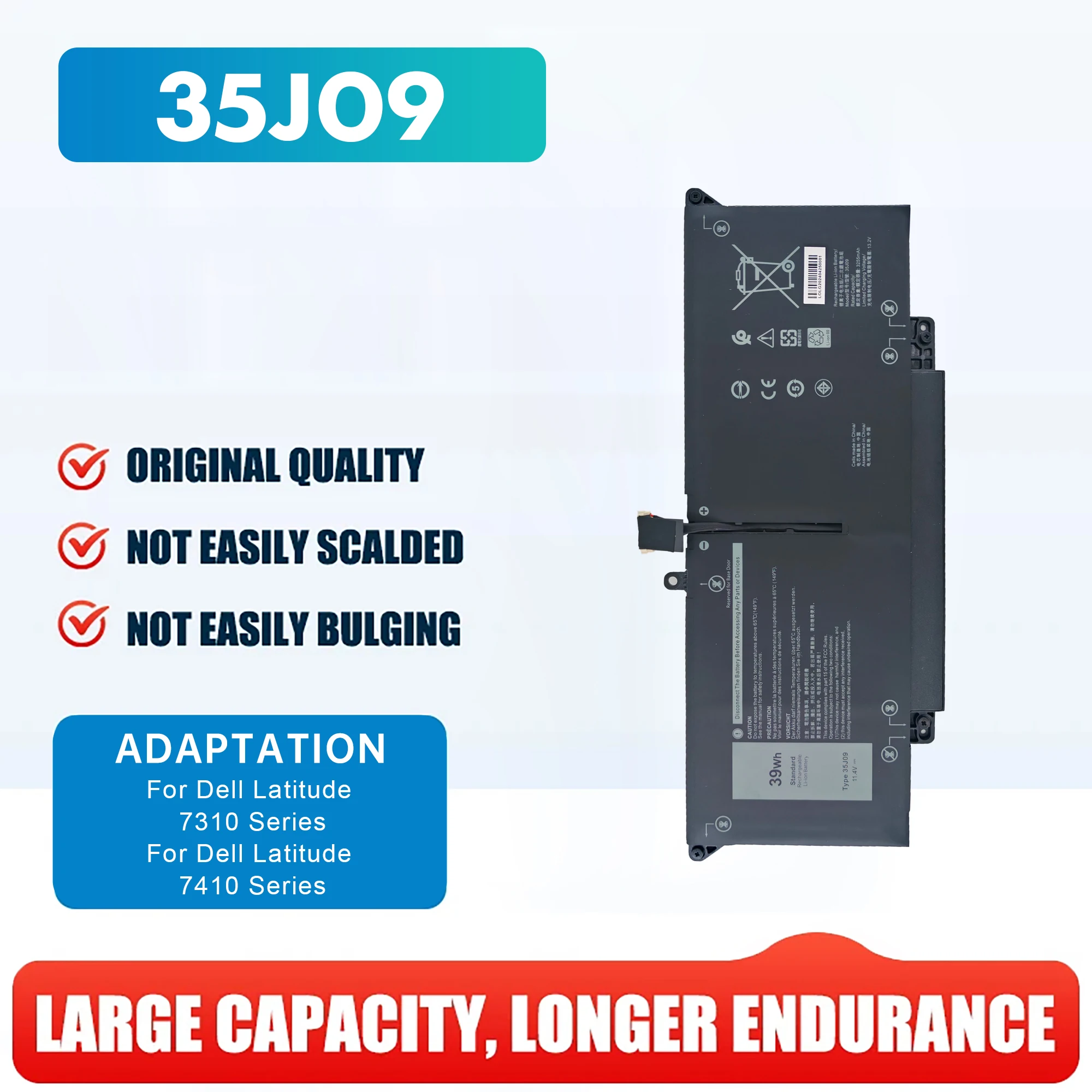 

New full capacity 35J09 11.4V 39Wh Laptop Battery for Dell Latitude 13 7310 14 7410 Series JHT2H WY9MP XMV7T
