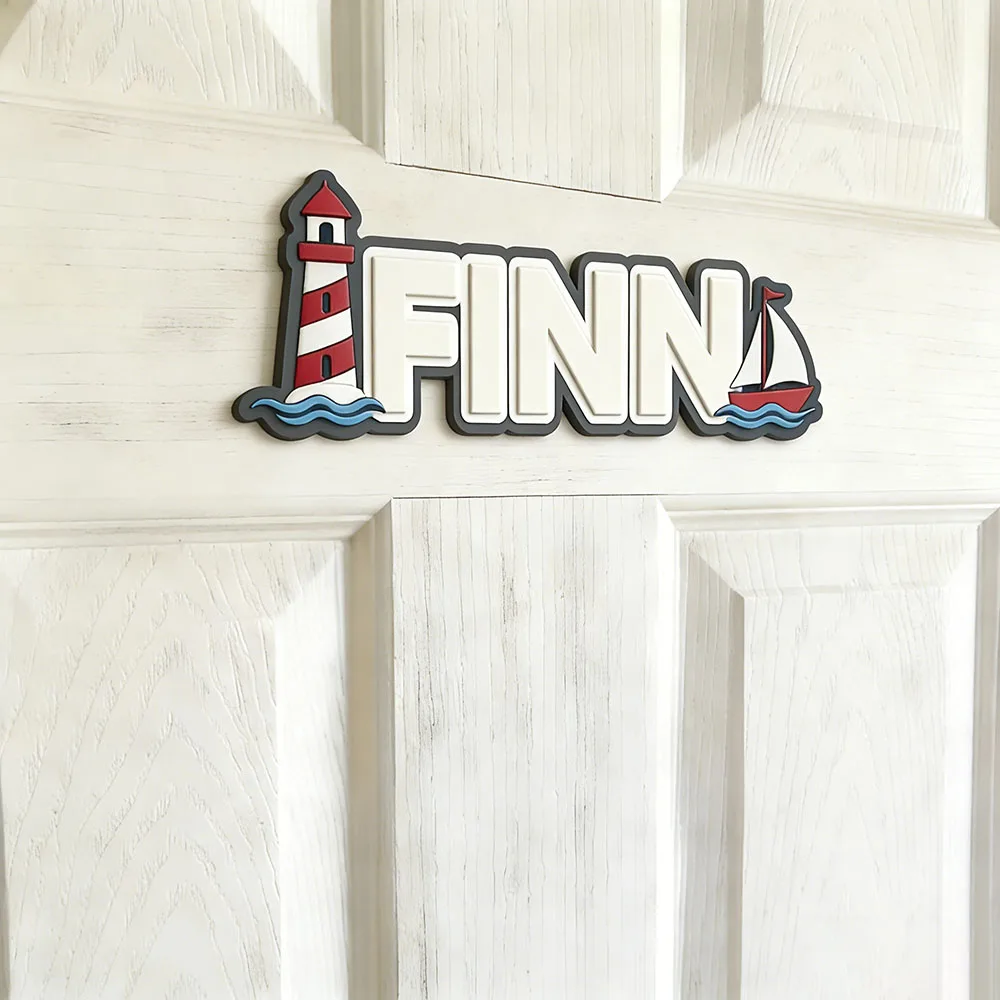 Whimsical Coastal Lighthouse & Sailboat Custom Name Plaque for The Dearest Baby, 3D Wooden Kids Door Sign with Ocean Waves, Naut