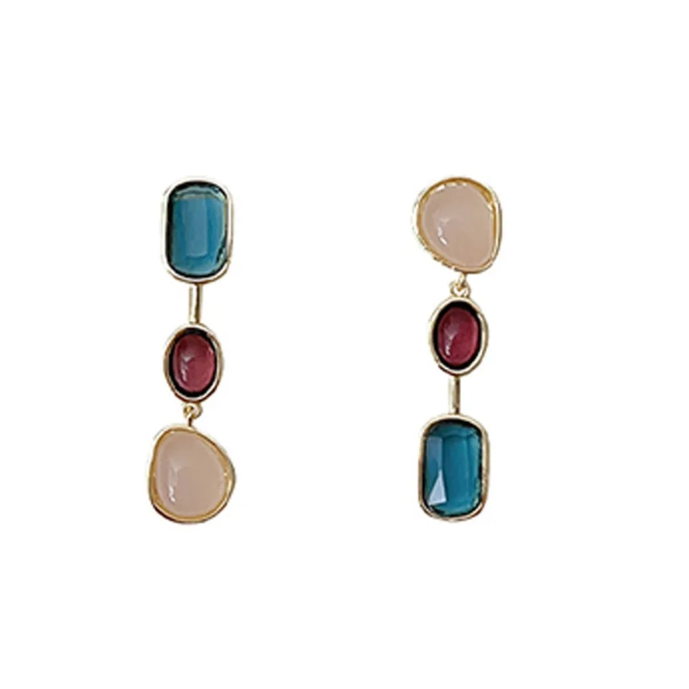 Women\'s Asymmetrical Colorful Gemstone Earrings Silver Needle Medium Antique Clashing Earrings Niche Design High Quality Jewelry
