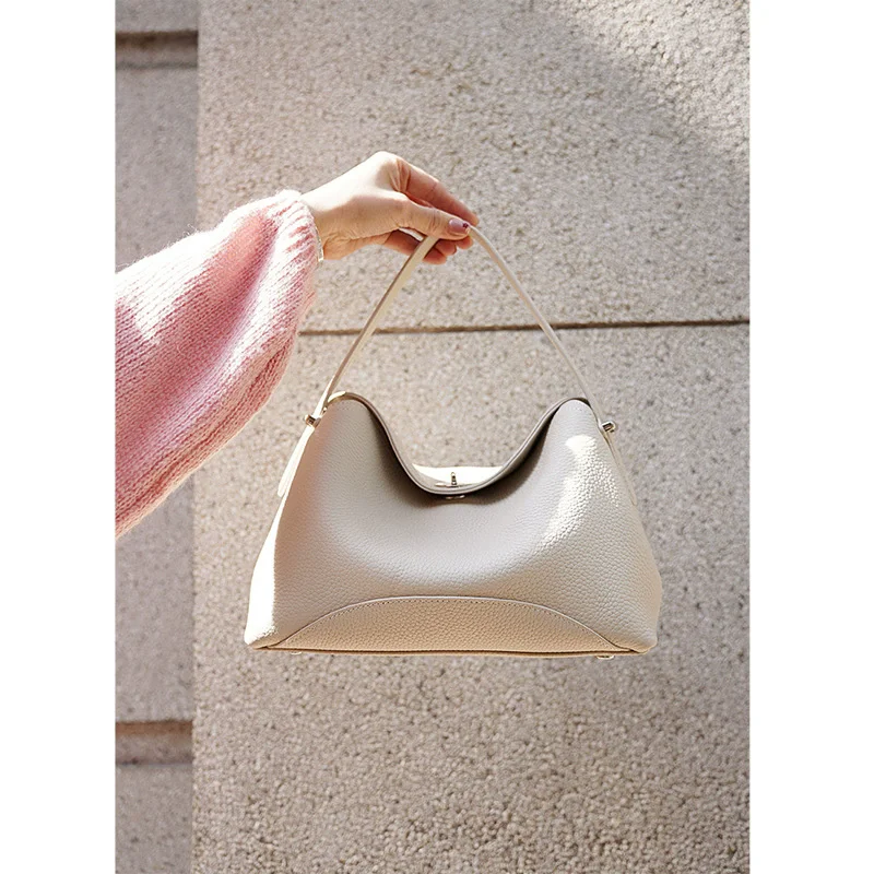2026 Newest Genuine Leather Women Hobo Bag Female Simple Shoulder Bags High Quality Pillow Handbags Versatile Messenger Bag Pink