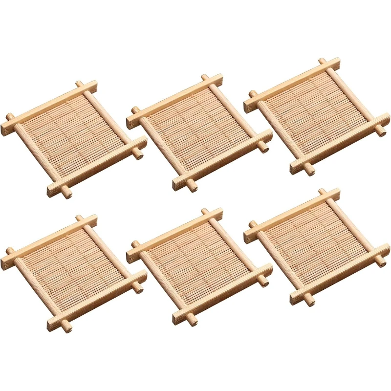 Lot de 6 sous-verres en bambou pour tasses à expresso, sous-verres en bois pour petites tasses à thé, tasses à thé chinoises en porcelaine à double paroi pour le thé Kung Fu