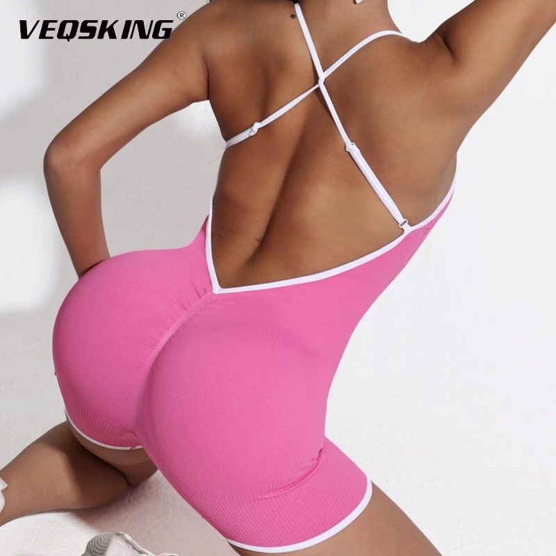 

VEQSKING Female Cross Back and Contrasting Color Jumpsuit, Suspender Cross Quick Drying Hip Lifting Fitness,Sports Yoga Jumpsuit