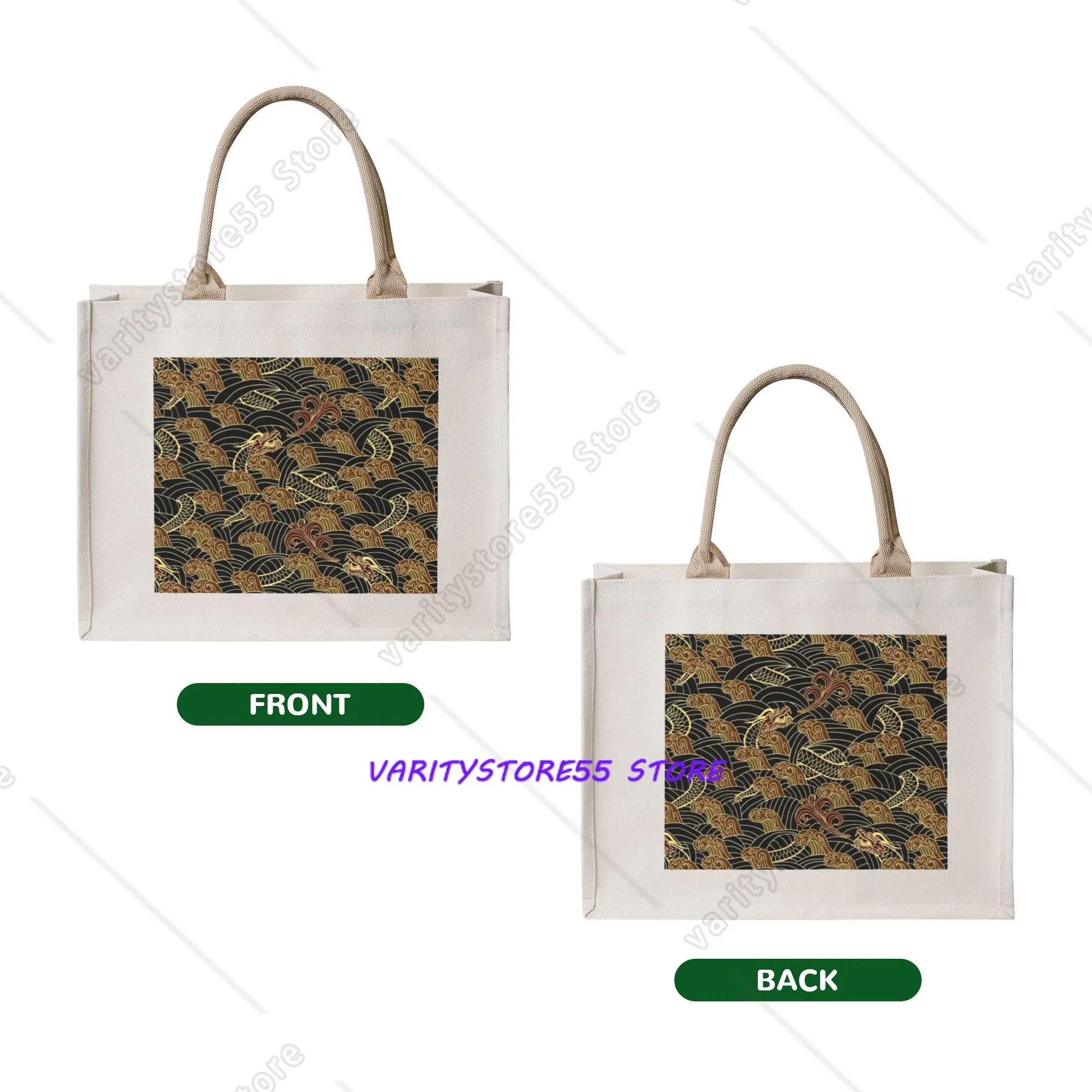 Kawaii Black and Gold Dragons Shopping Tote Bags Portable Japanese Wave Grocery Shopper Shoulder Bag