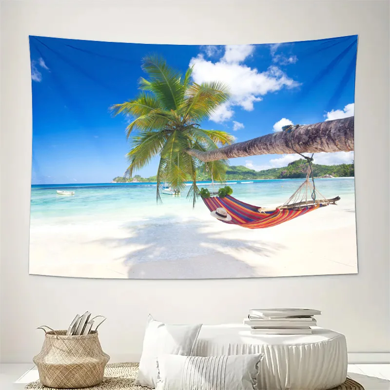 Tropical Beach Scene Wall Tapestry Tropical Decor Hanging Canvas Paradise Summer Vacation Coastal Style Artwork for Living Room