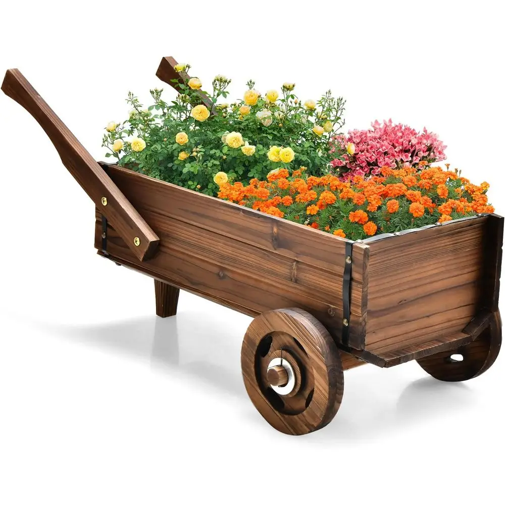 Wooden Decorative Wagon Planter with Wheels, Handles, Drainage, and Lower Pot Stand for Indoor & Outdoor Gardening