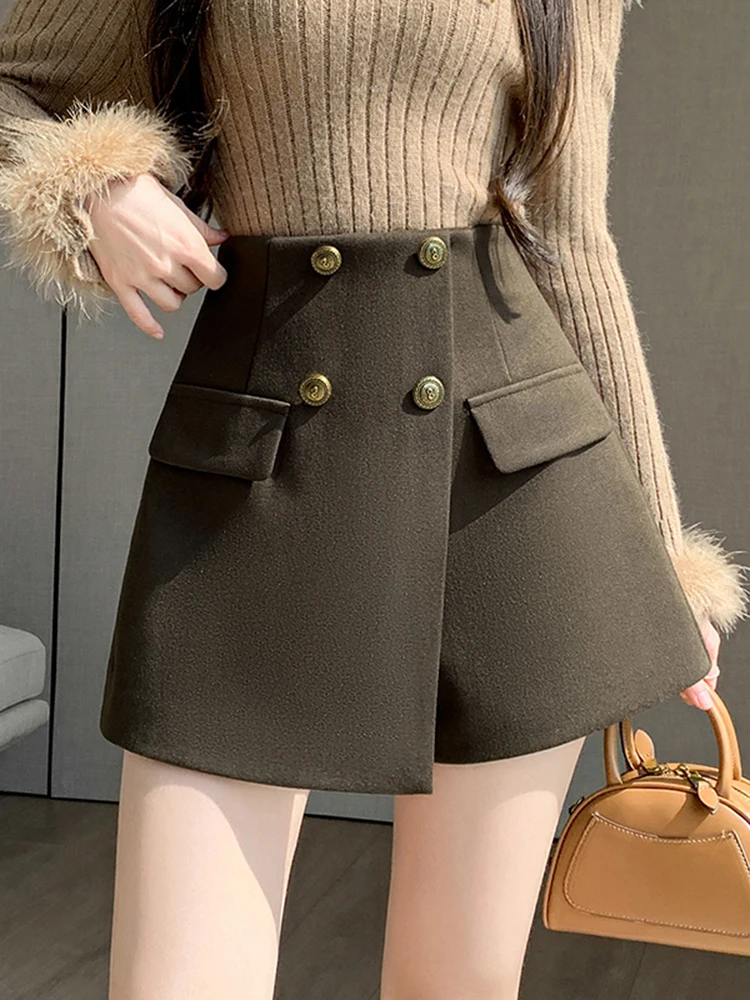 Корейский стиль, зимние утепленные шерстяные юбки на пуговицах, шорты для женщин, повседневная верхняя одежда с высокой талией, широкие короткие ботинки, женские брюки