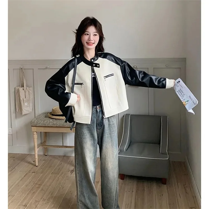 Autumn Ladies Contrast Color Jacket Retro Women Long Sleeves Pu Leather Outwear 2025 Femme Patchwork Short Faux Leather Coat