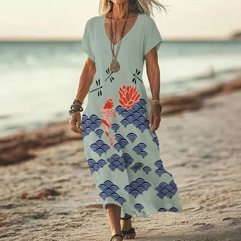 Japanese Style Koi Fish Dragonfly Wave Art Print V-neck Dress 3D Printed Casual V-neck Dress Female Dresses view 4