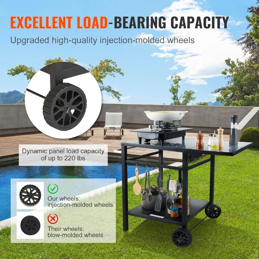 عربة طعام شواء خارجية متعددة الوظائف مع تصميم رف مزدوج لإعداد طعام الشواء وطاولة حديدية قابلة للطي ومحمولة #5