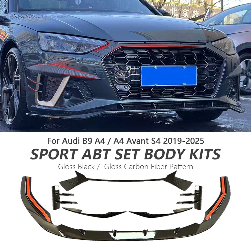 

For Audi A4 B9 A4 Avant Facelift 2019-2025 Front Bumper Lip ABT Type Spoiler Front Grille Air Wind Knife Cover Body Kits Tuning