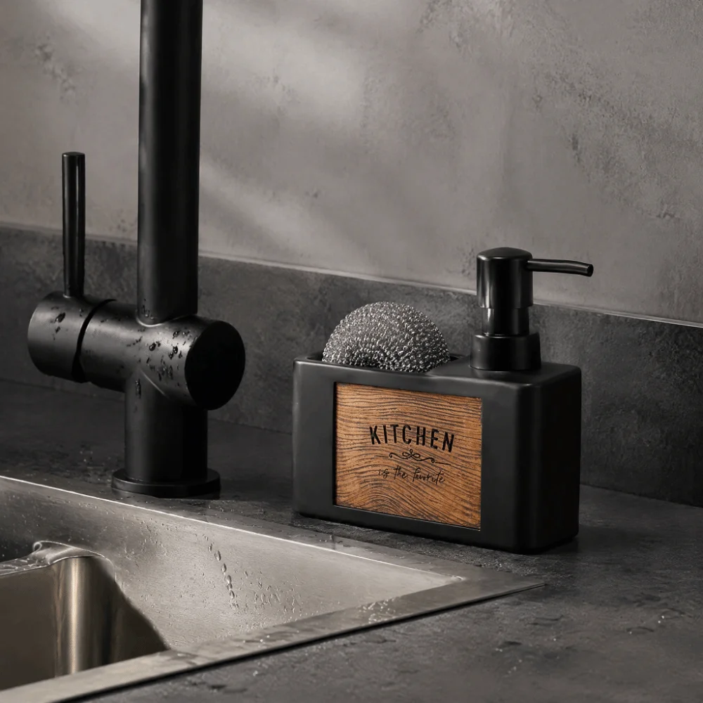 Press Type Kitchen Soap Dispenser with Sponge Holder Wood Grain Liquid Soap Container Refillable Lotion Bottle Kitchen Sink