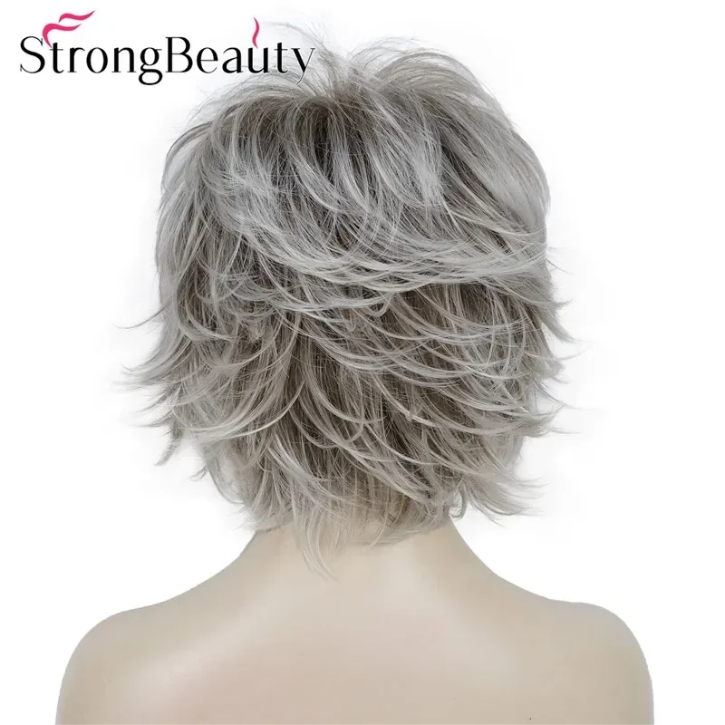 StrongBeauty Short Wavy Synthetic Wigs Fluffy Layered Cut Wig With Bangs Many Colors