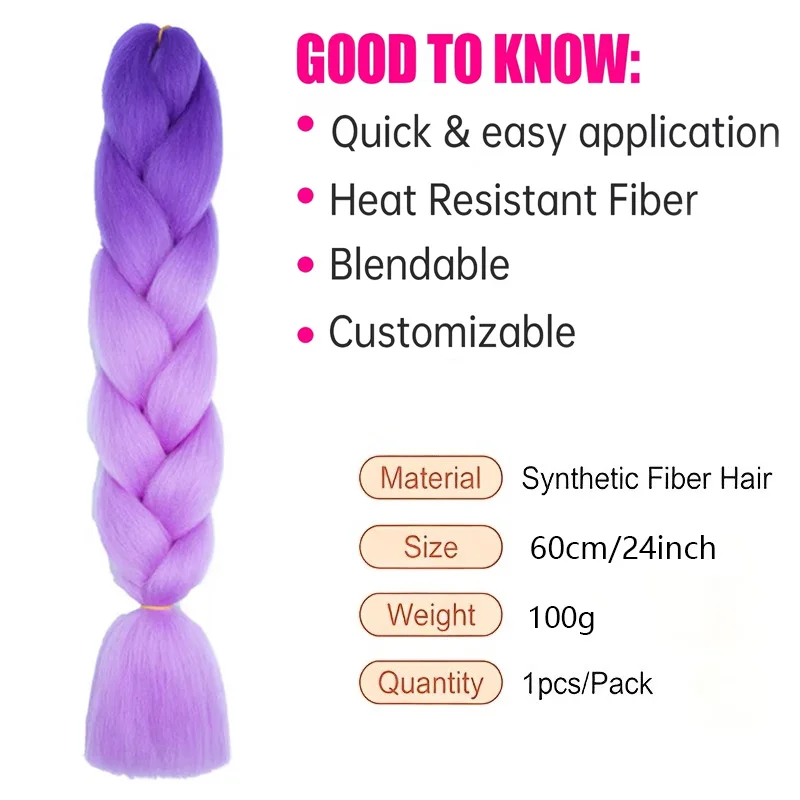 24 Inch Ombre Purple Jumbo Braiding Hair 100g Synthetic Heat Resistant Braid Hair Extensions for Boxing Braids Women