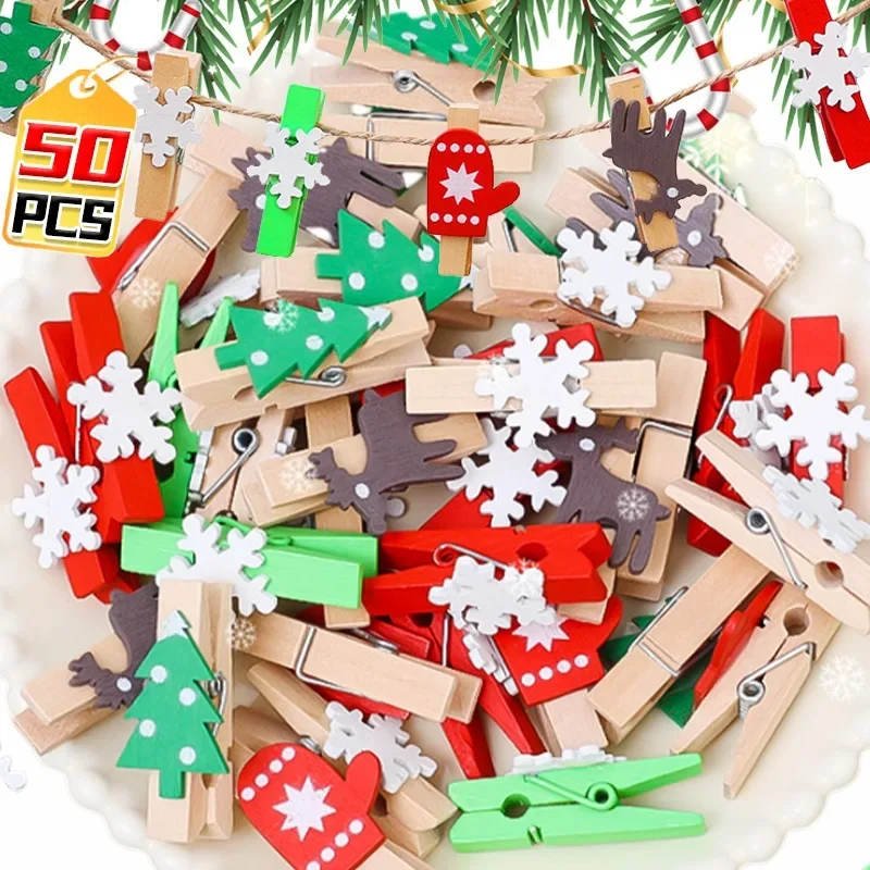 10/50PCS Mixed Christmas Wood Clips Xmas Tree Photo Clip Snowflake Deer Cartoon Wood Sticker DIY Christmas Pegs Handicraft Decor