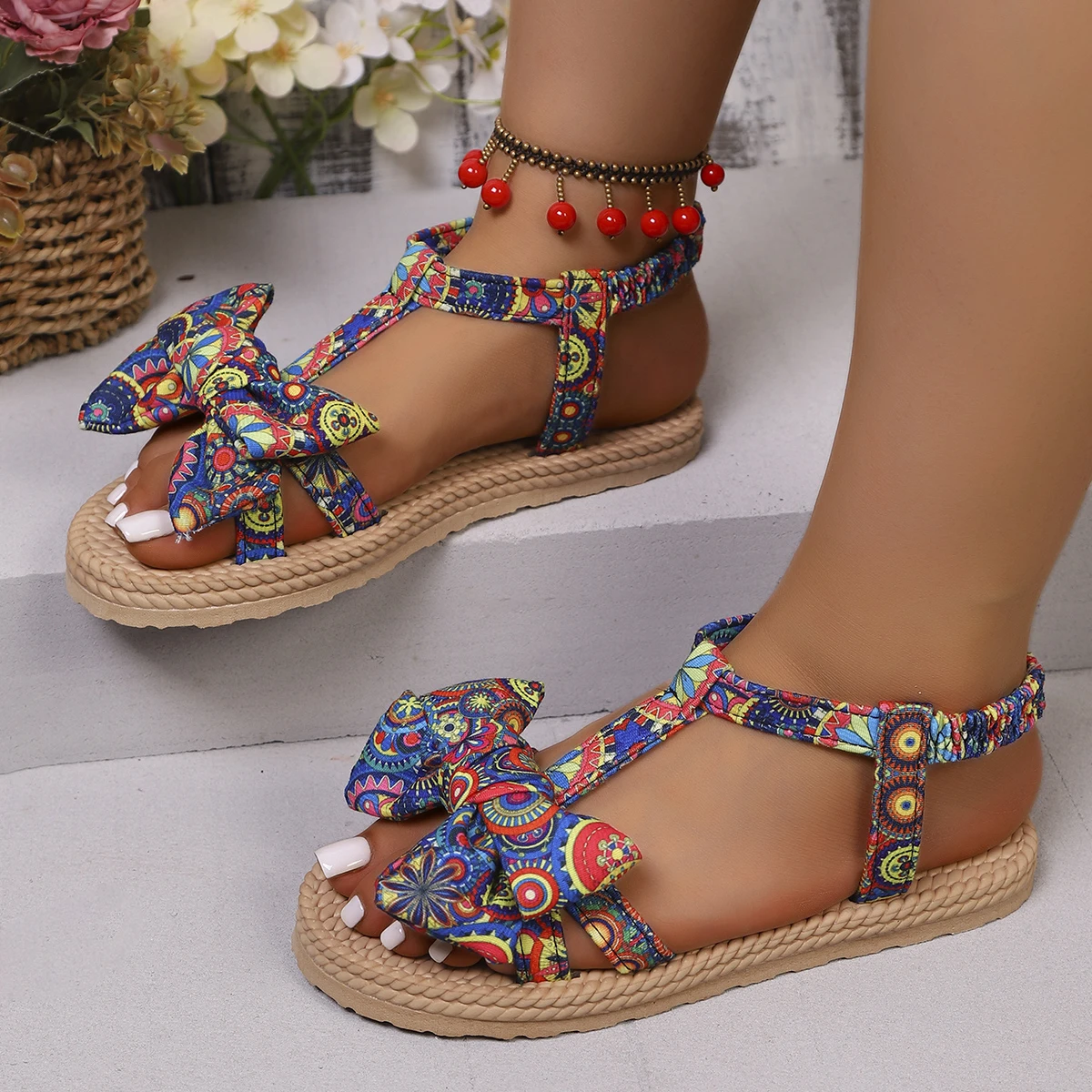 2026 New Fashion Print Decorative Soft Bottom Beach Flat Sandals Women's Summer Bow Anti-Slip Comfortable Open Toe Sandals