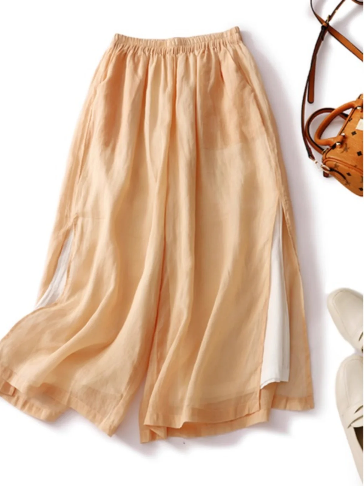 

Летние тонкие брюки-юбка с широкими штанинами для женщин, с высокой талией, струящиеся, повседневные, из хлопка и льна, длиной 7/8, с боковым разрезом