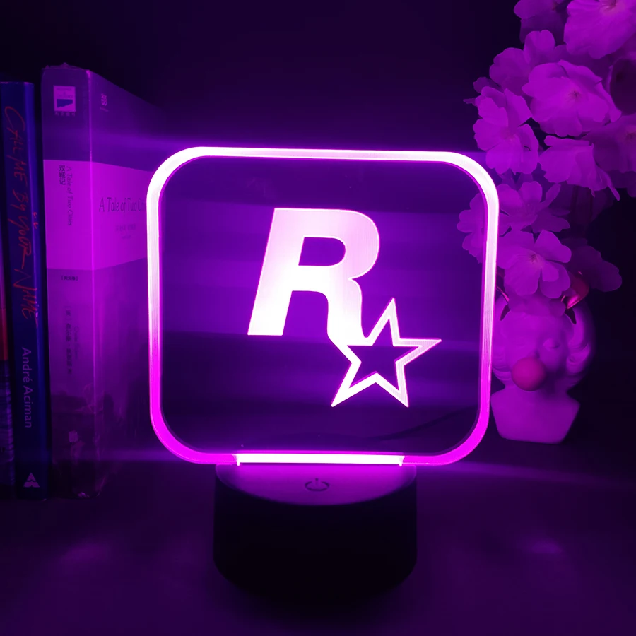 Grand Theft Auto V Game LOGO Rockstar 3D LED Neon Night Light Bedroom Bedside Decoration Birthday Gift for Friend Fans Lava Lamp