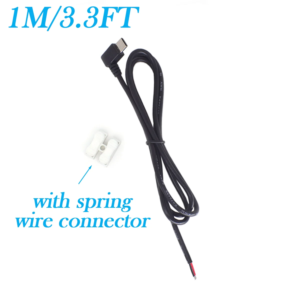

90° Right Angle USB C Male to 2 Pin Bare Wire Pigtail Cable 1M/3.3FT 22AWG - 5V/3A Power Cord for DIY Installation, Replacement
