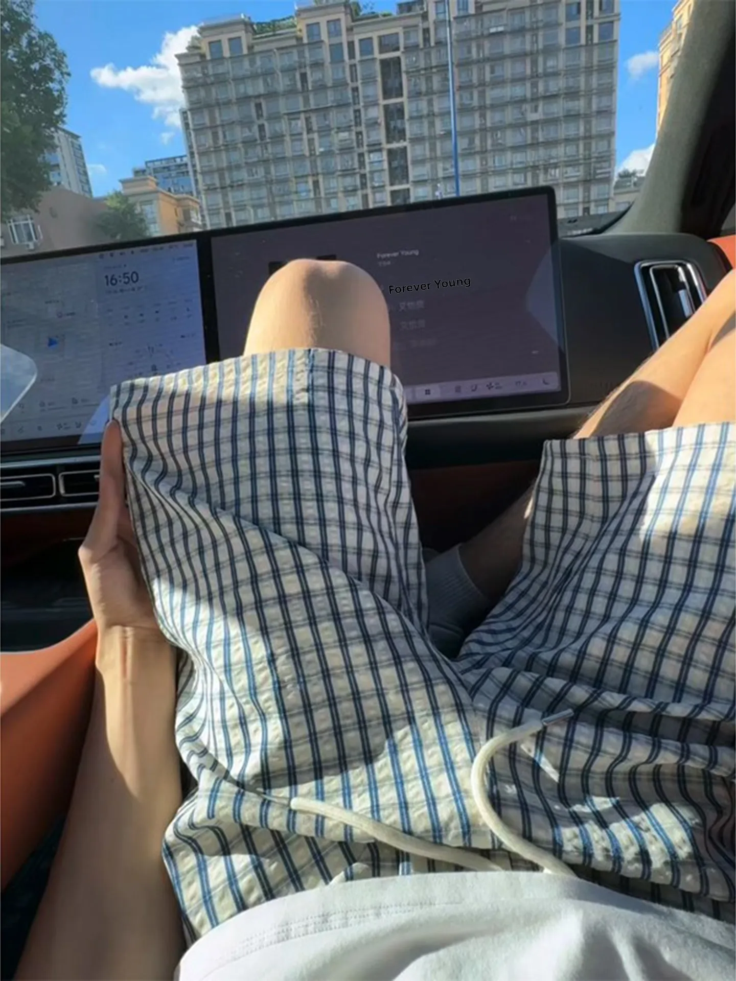 

Ice Silk Bubble Cloth Plaid orts Men Women Summer Thin Outerwear Beachwear Five-Quarter Length Elastic Waist Loose Fit