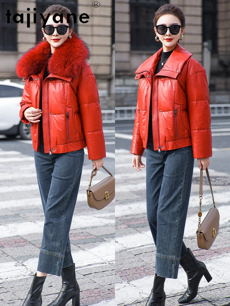 TAJIYANE 100 % genarbte Rindslederjacke für Damen, Waschbärpelzkragen, weißer Gänsedaunenmantel, kurze Pufferjacke, 2025, Damenbekleidung